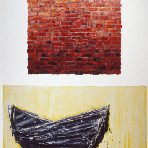 Top of painting has white background with a curved red brick wall. The bottom of the painting has a yellow background with a dark boat shape.